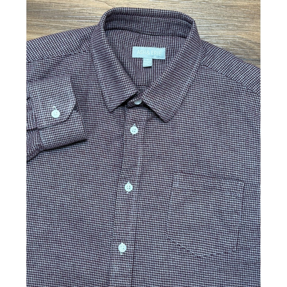 Ash & Erie Mens Burgundy Houndstooth Long Sleeve Flannel Button Down Shirt Sz M
